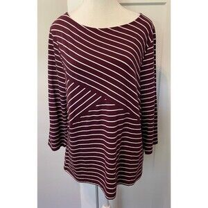 TALBOTS Womens Knit TOP 3/4 Sleeve BURGUNDY White STRIPE Size XL   NWT